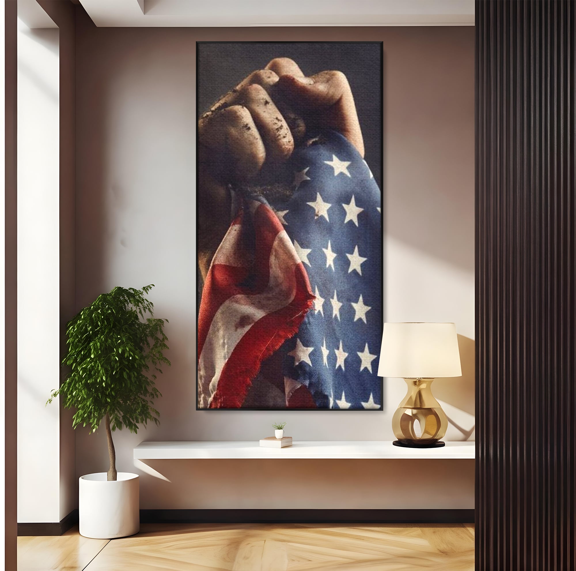 Tablou canvas cu tablou canvas cu mana murdara tinand steagul sua, in rama de aluminiu negru